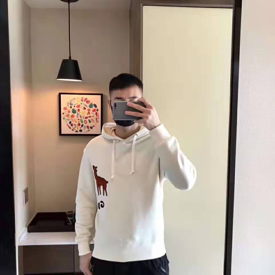 Gucci Men Hooded Sweatshirt with Deer Patch in 100% Cotton-White