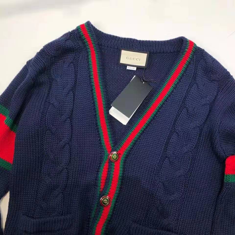 Gucci Men Oversize Cable Knit Cardigan Sweater-Navy