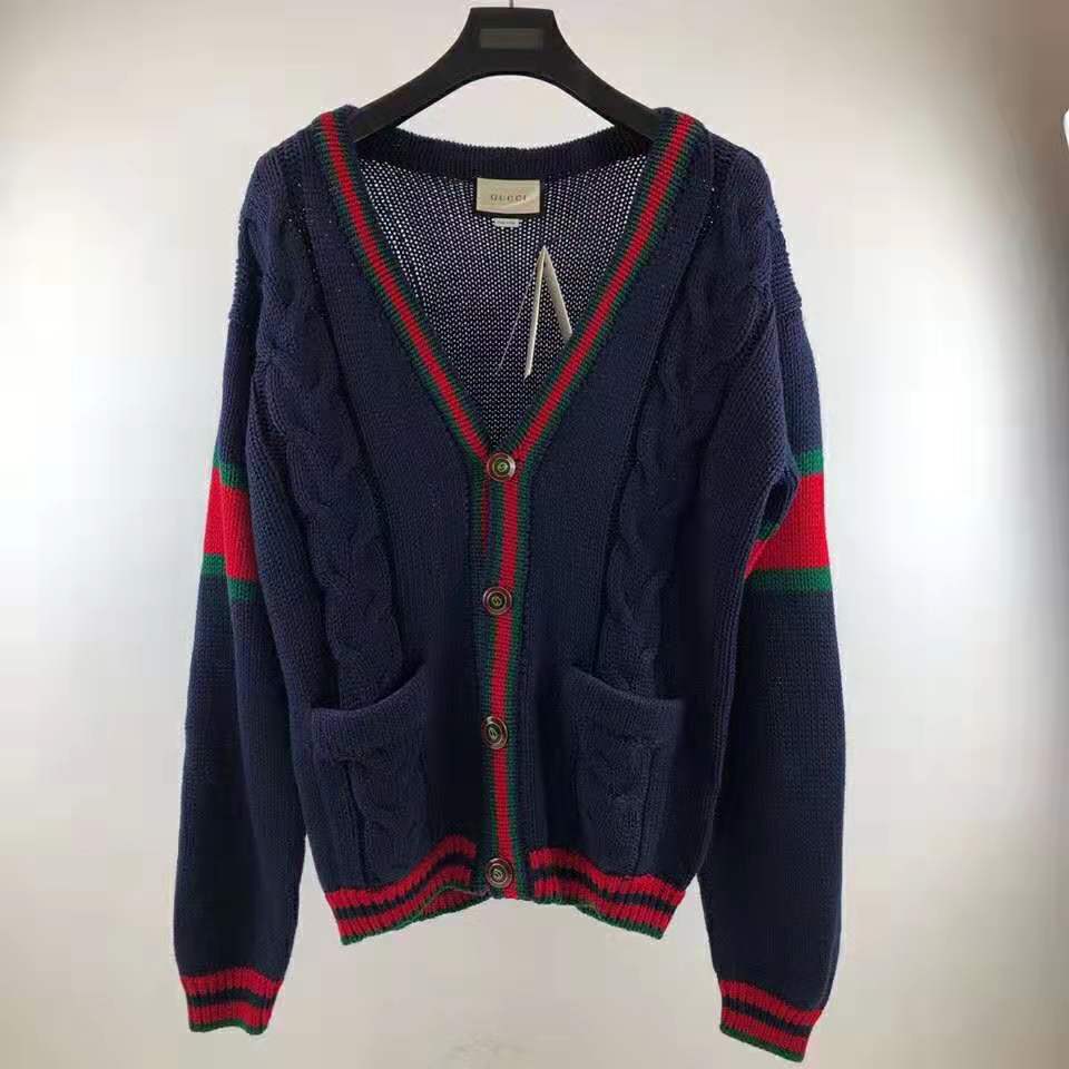 Gucci Men Oversize Cable Knit Cardigan Sweater-Navy