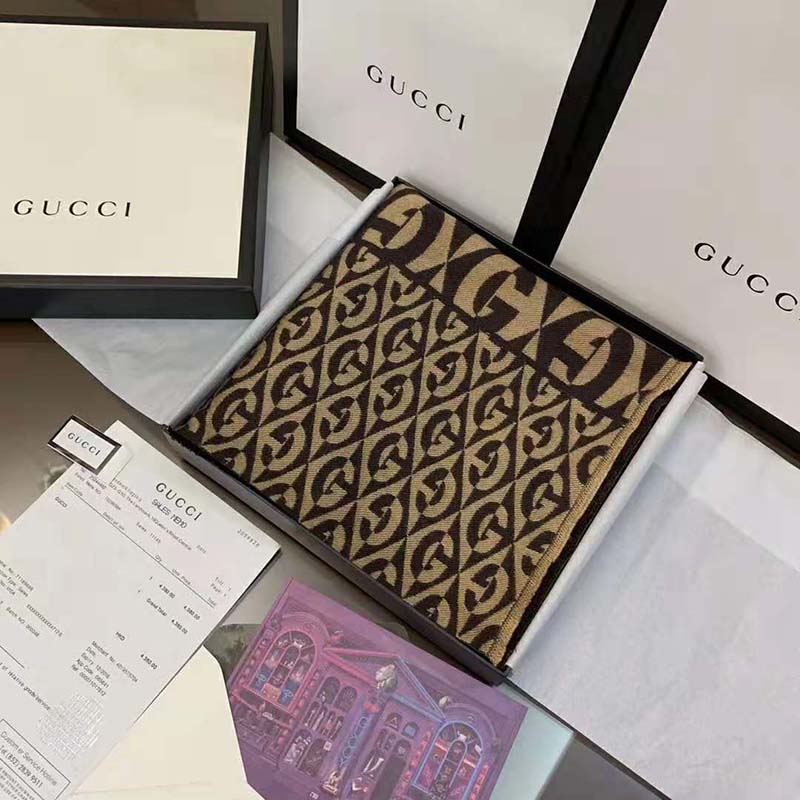 Gucci Unisex G Rhombus Jacquard Scarf in Wool and Cotton-Brown