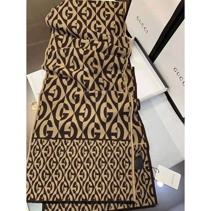 Gucci Unisex G Rhombus Jacquard Scarf in Wool and Cotton-Brown
