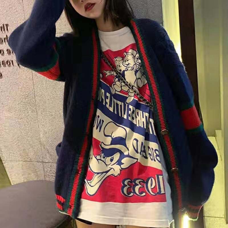 Gucci Women Oversize Cable Knit Cardigan Sweater-Navy