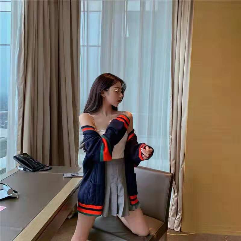Gucci Women Oversize Cable Knit Cardigan Sweater-Navy