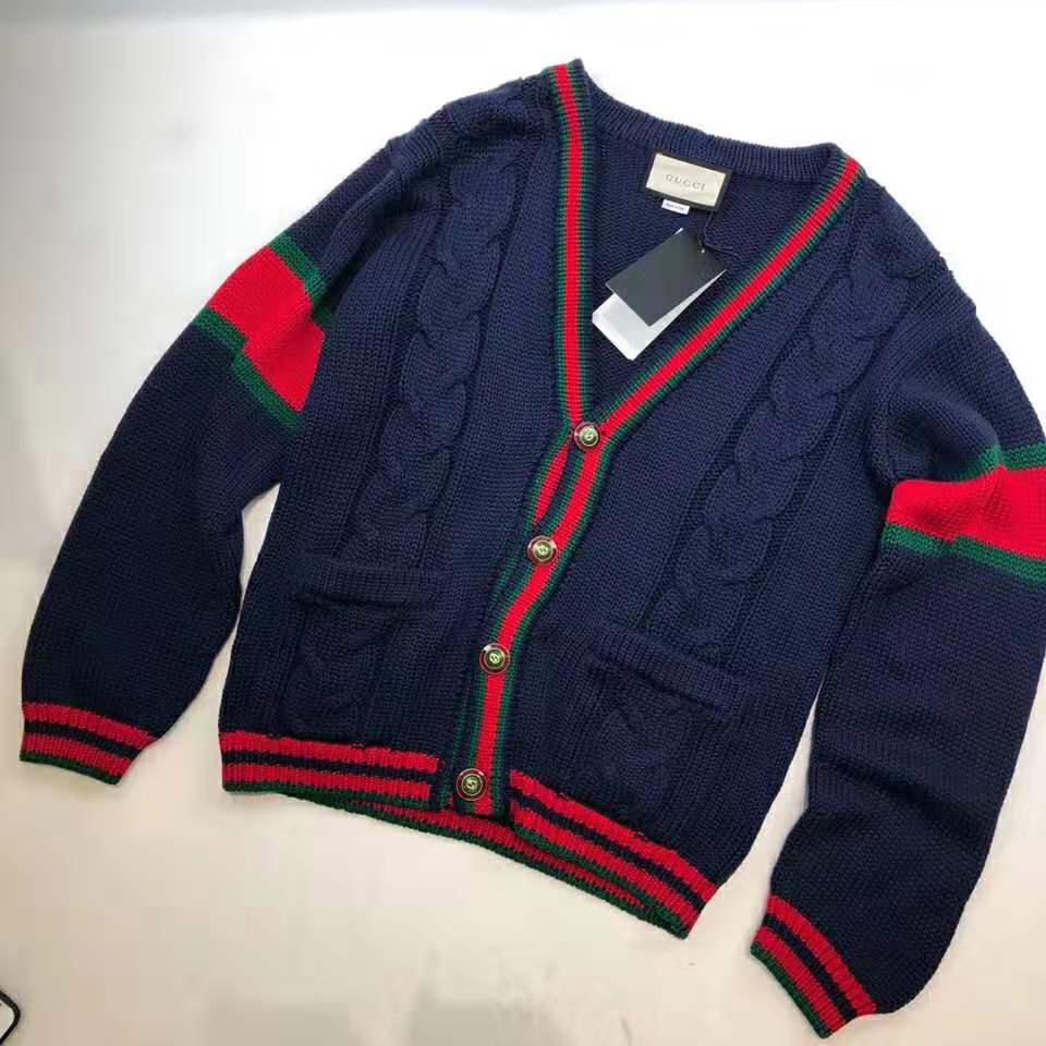Gucci Women Oversize Cable Knit Cardigan Sweater-Navy