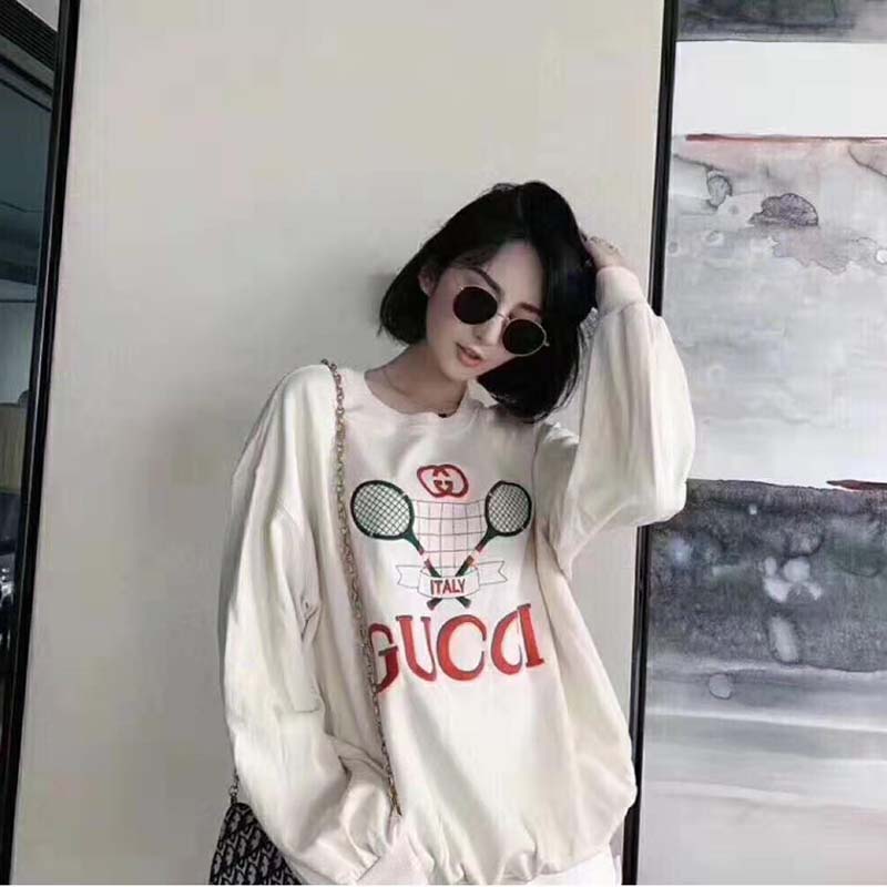 Gucci Women Oversize Sweatshirt with Gucci Tennis in 100% Cotton-White