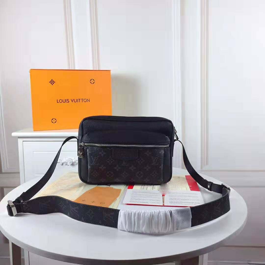 Louis Vuitton LV Men Outdoor Messenger Bag in Taïga Leather with Monogram Canvas-Black