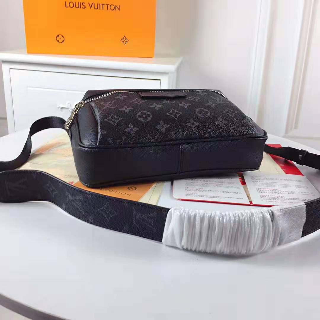 Louis Vuitton LV Men Outdoor Messenger Bag in Taïga Leather with Monogram Canvas-Black