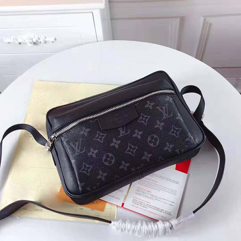 Louis Vuitton LV Men Outdoor Messenger Bag in Taïga Leather with Monogram Canvas-Black