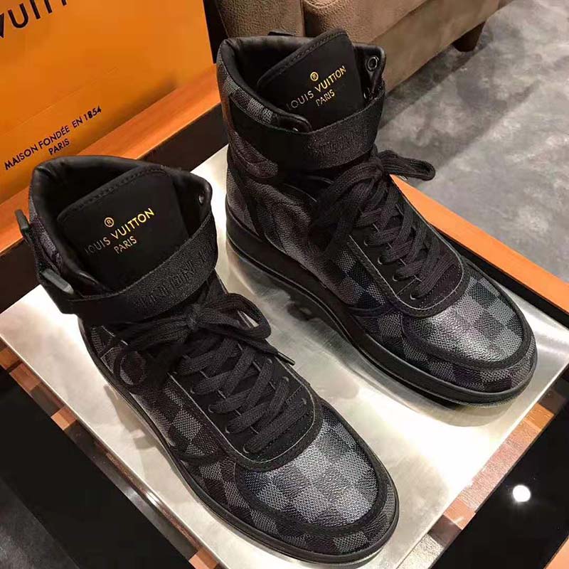 Louis Vuitton LV Men Rivoli Sneaker Boot Shoes in Iconic Damier Graphite Canvas-Grey