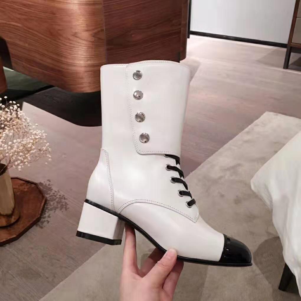 Chanel Women Ankle Boots Calfskin & Patent Calfskin 4.6 cm Heel-Beige