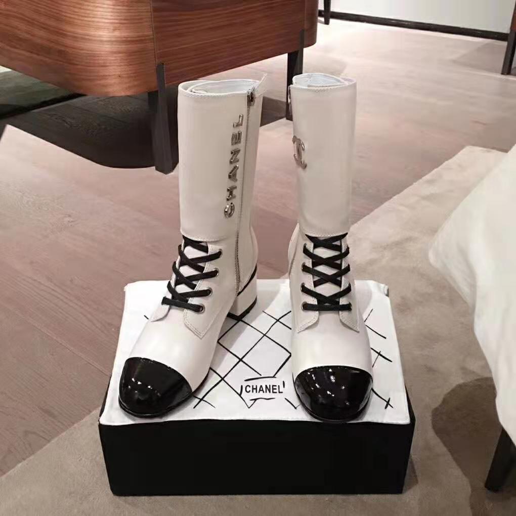 Chanel Women Ankle Boots Calfskin & Patent Calfskin 4.6 cm Heel-Beige