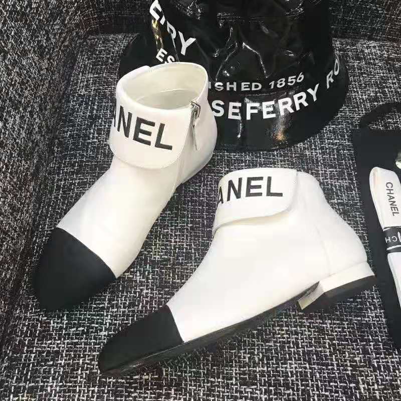 Chanel Women Loge Short Boots in Goat Leather & Faille-White
