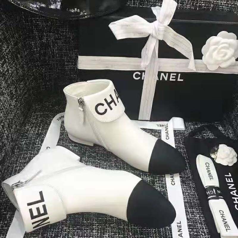 Chanel Women Loge Short Boots in Goat Leather & Faille-White