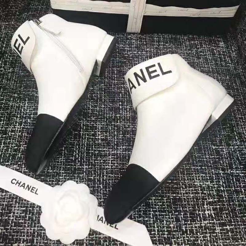 Chanel Women Loge Short Boots in Goat Leather & Faille-White