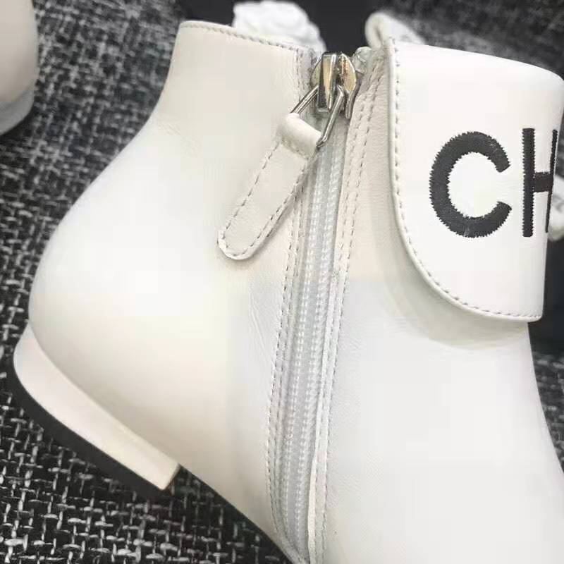Chanel Women Loge Short Boots in Goat Leather & Faille-White