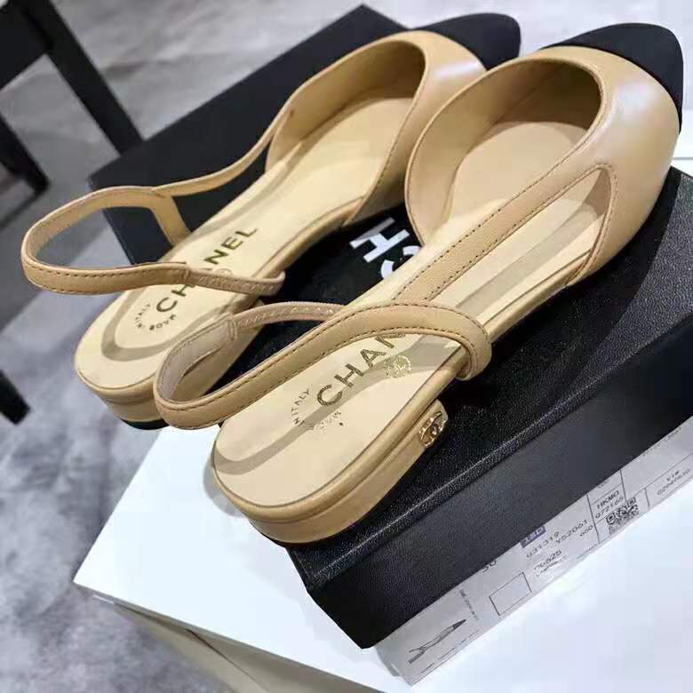 Chanel Women Slingbacks in Goatskin & Grosgrain-Sandy
