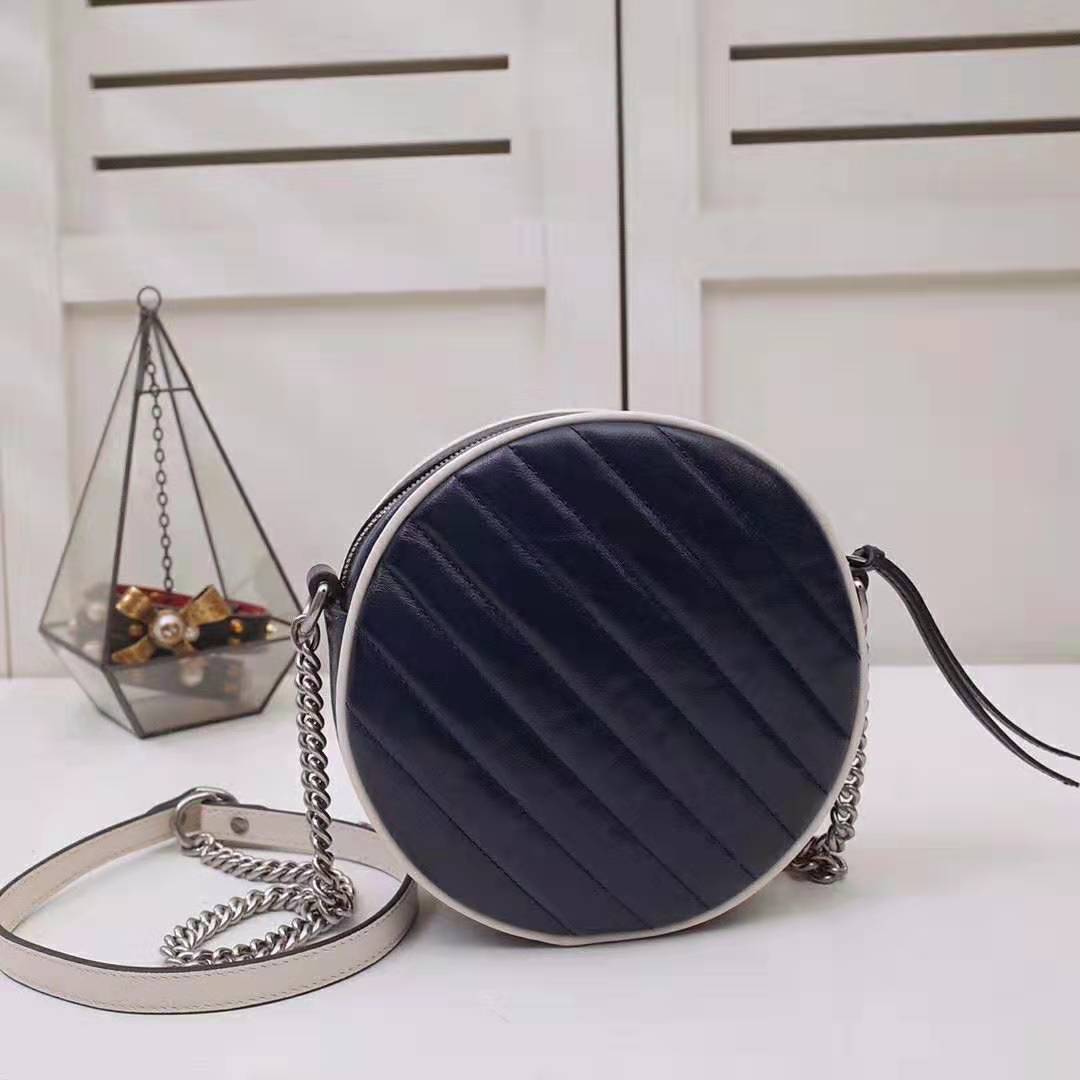 Gucci GG Women GG Marmont Mini Round Shoulder Bag in Blue Diagonal Matelassé Leather