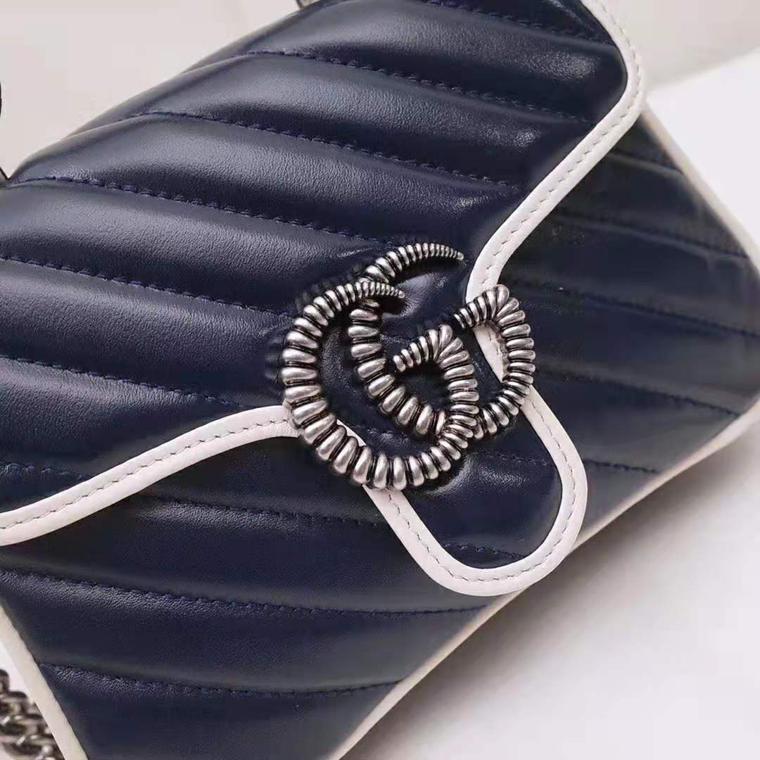 Gucci GG Women GG Marmont Mini Top Handle Bag in Blue Diagonal Matelassé Leather