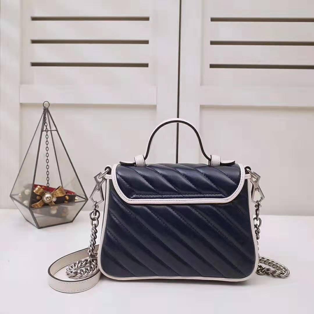 Gucci GG Women GG Marmont Mini Top Handle Bag in Blue Diagonal Matelassé Leather