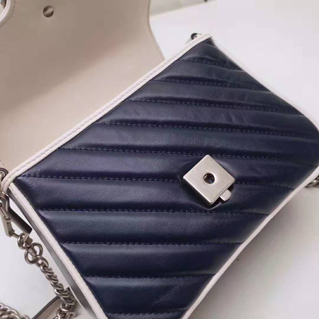 Gucci GG Women GG Marmont Mini Top Handle Bag in Blue Diagonal Matelassé Leather