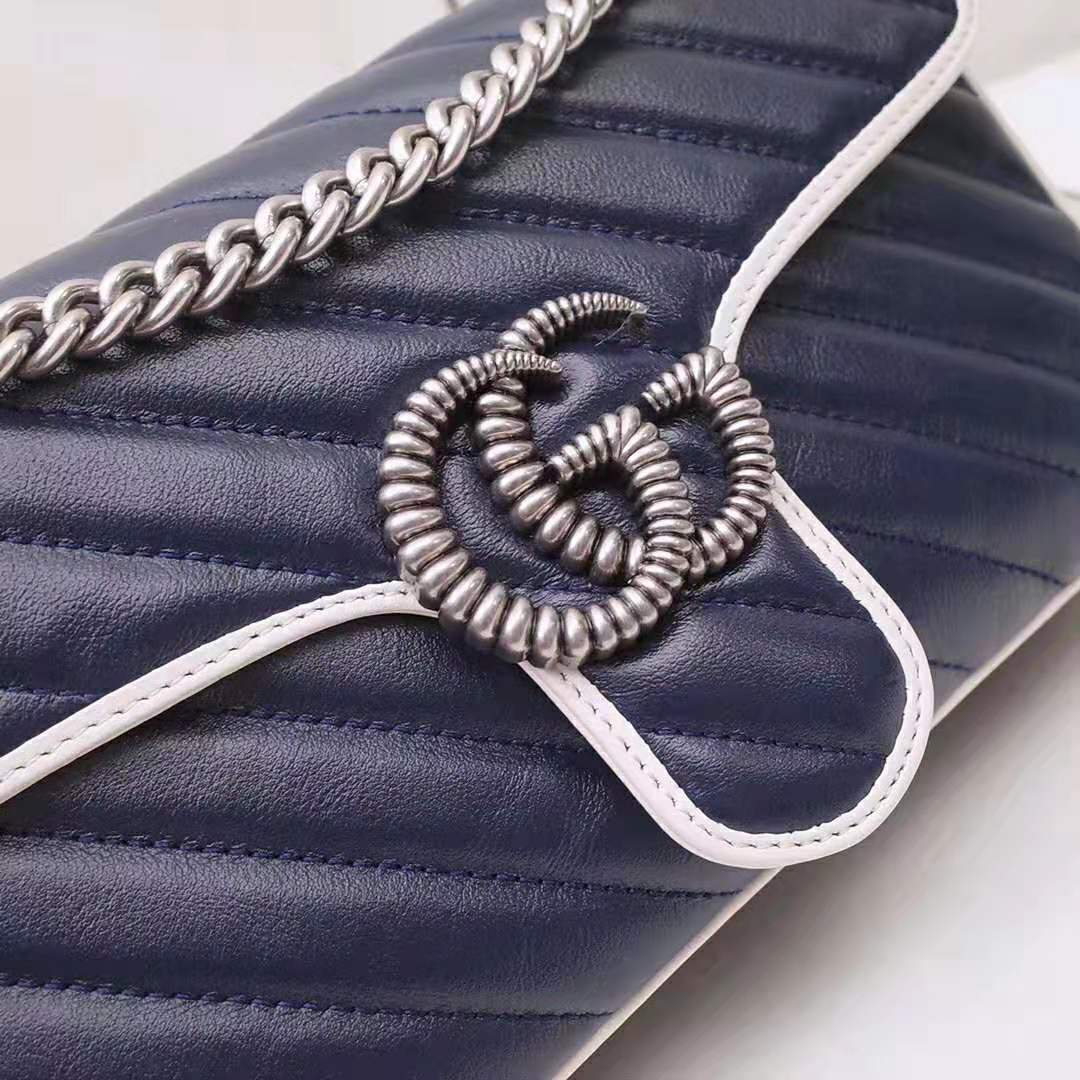 Gucci GG Women GG Marmont Small Shoulder Bag in Blue Diagonal Matelassé Leather