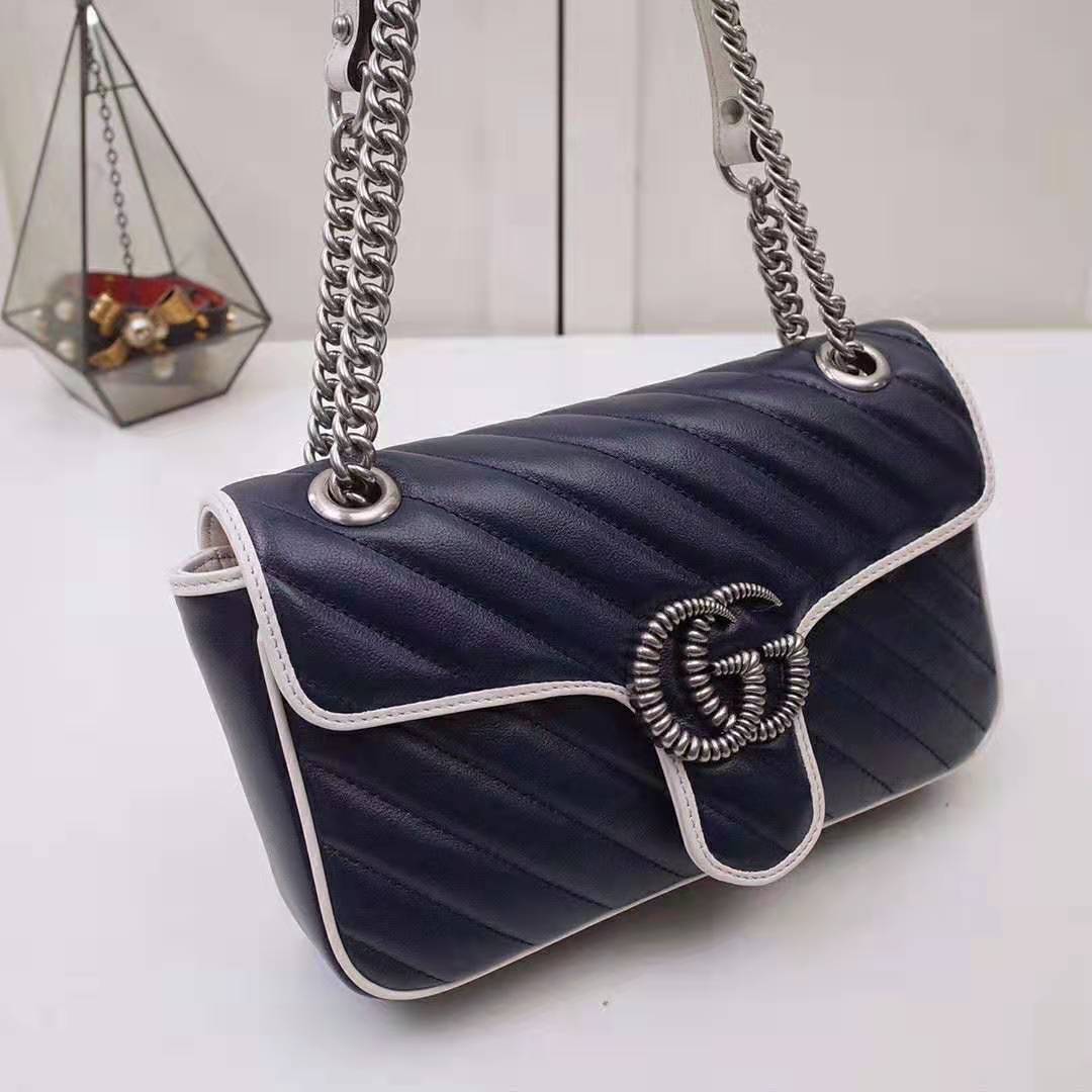 Gucci GG Women GG Marmont Small Shoulder Bag in Blue Diagonal Matelassé Leather