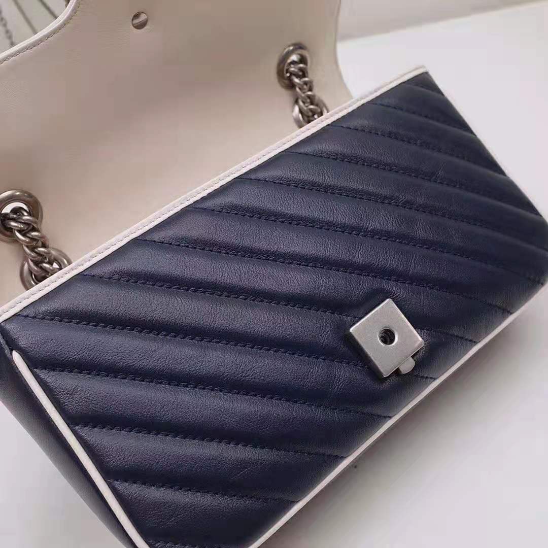 Gucci GG Women GG Marmont Small Shoulder Bag in Blue Diagonal Matelassé Leather
