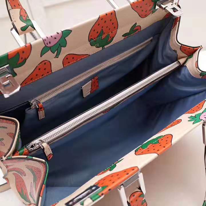 Gucci GG Women Gucci Zumi Strawberry Print Medium Top Handle Bag in Gucci Strawberry Print Ivory Leather