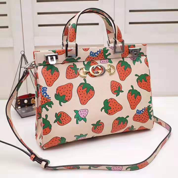 Gucci GG Women Gucci Zumi Strawberry Print Medium Top Handle Bag in Gucci Strawberry Print Ivory Leather