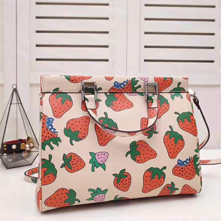Gucci GG Women Gucci Zumi Strawberry Print Medium Top Handle Bag in Gucci Strawberry Print Ivory Leather
