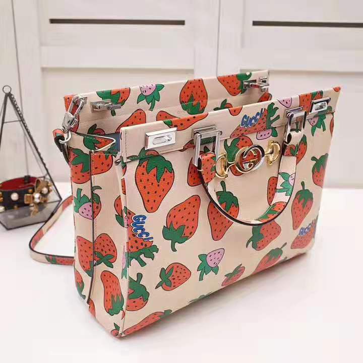 Gucci GG Women Gucci Zumi Strawberry Print Medium Top Handle Bag in Gucci Strawberry Print Ivory Leather