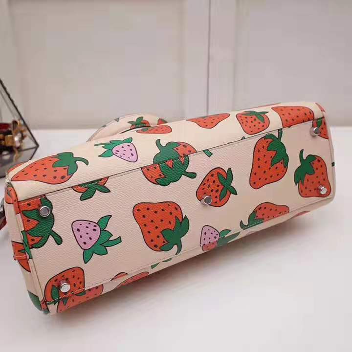Gucci GG Women Gucci Zumi Strawberry Print Medium Top Handle Bag in Gucci Strawberry Print Ivory Leather