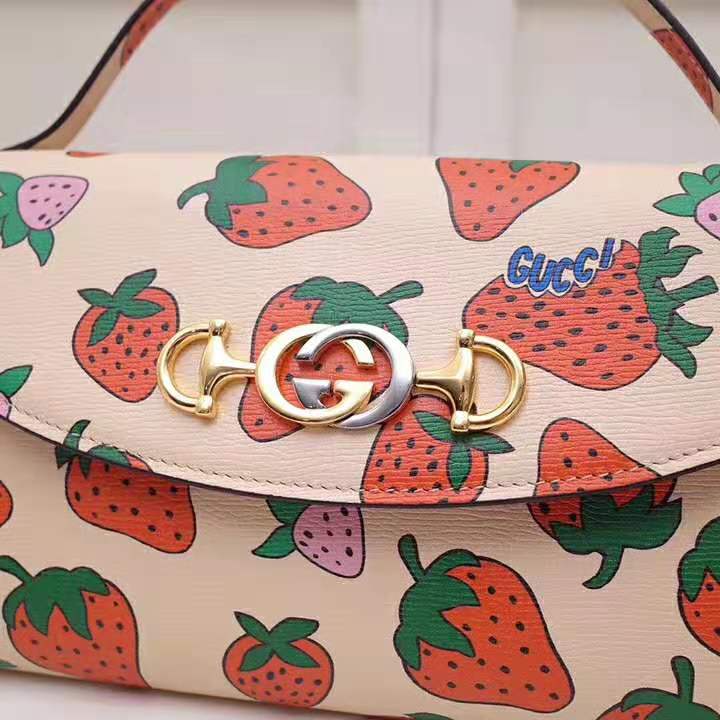 Gucci GG Women Gucci Zumi Strawberry Print Mini Bag in Gucci Strawberry Print Ivory Leather