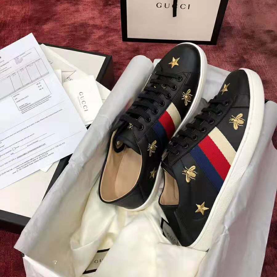 Gucci Men’s Ace Embroidered Sneaker in Black Leather with Bees and Stars