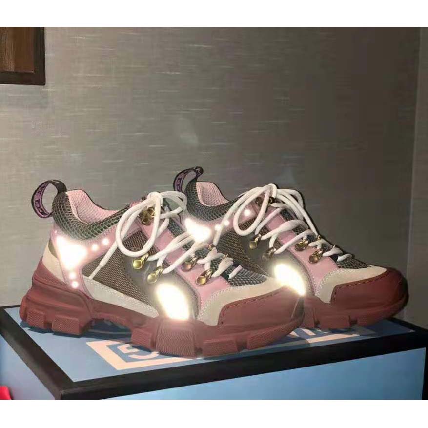 Gucci Unisex Flashtrek Sneaker in Brown and Pink Leather 5.6 cm Heel