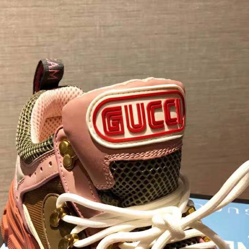 Gucci Unisex Flashtrek Sneaker in Brown and Pink Leather 5.6 cm Heel