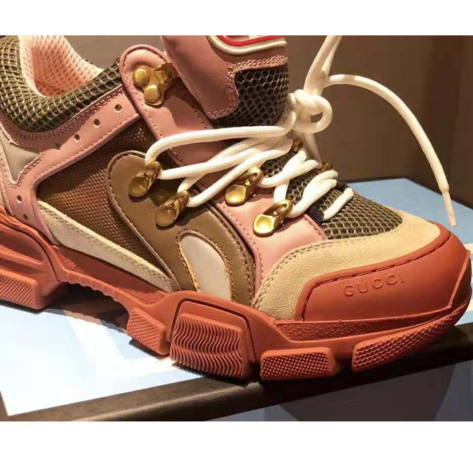 Gucci Unisex Flashtrek Sneaker in Brown and Pink Leather 5.6 cm Heel
