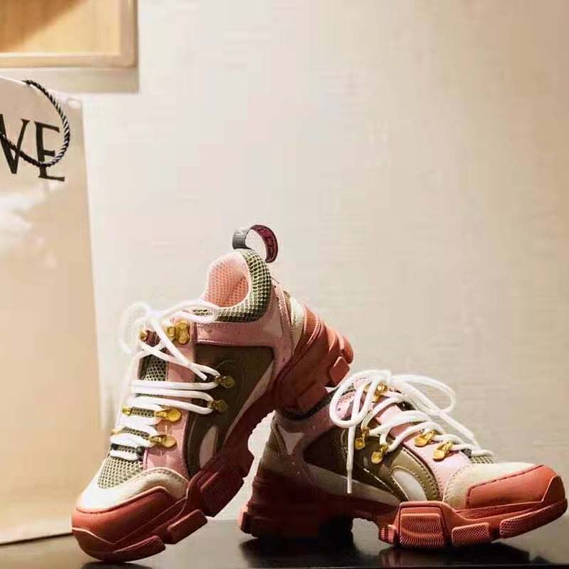 Gucci Unisex Flashtrek Sneaker in Brown and Pink Leather 5.6 cm Heel