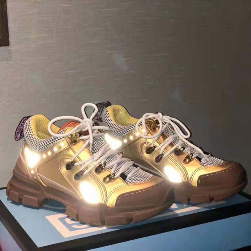 Gucci Unisex Flashtrek Sneaker in Gold Metallic Leather 5.6 cm Heel