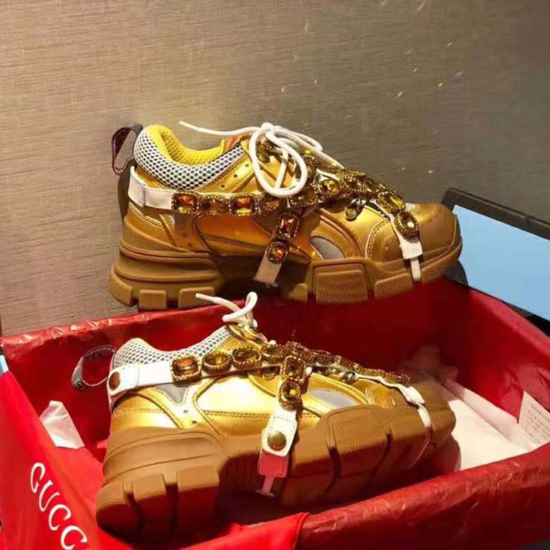 Gucci Unisex Flashtrek Sneaker in Gold Metallic Leather 5.6 cm Heel
