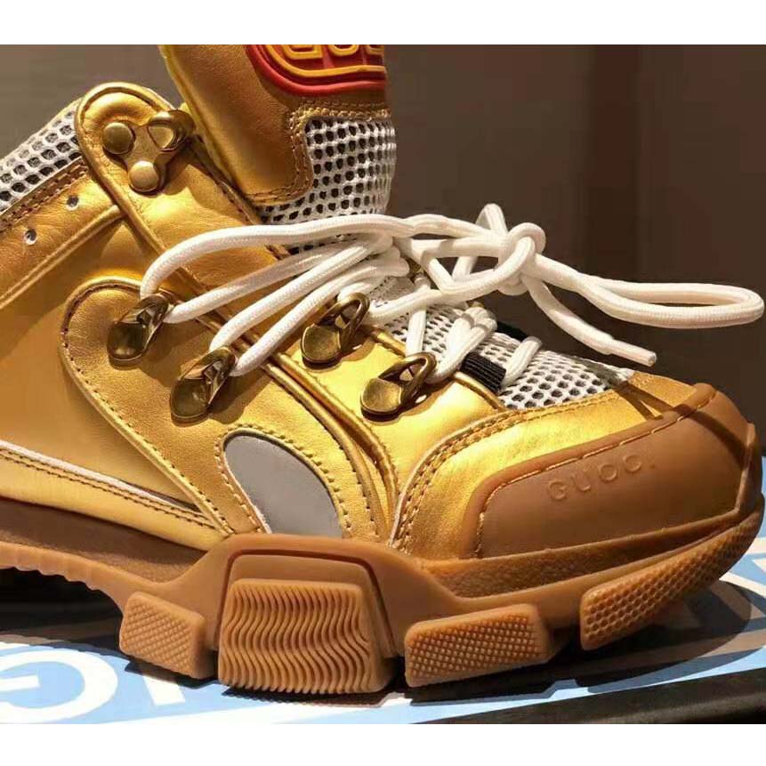 Gucci Unisex Flashtrek Sneaker in Gold Metallic Leather 5.6 cm Heel
