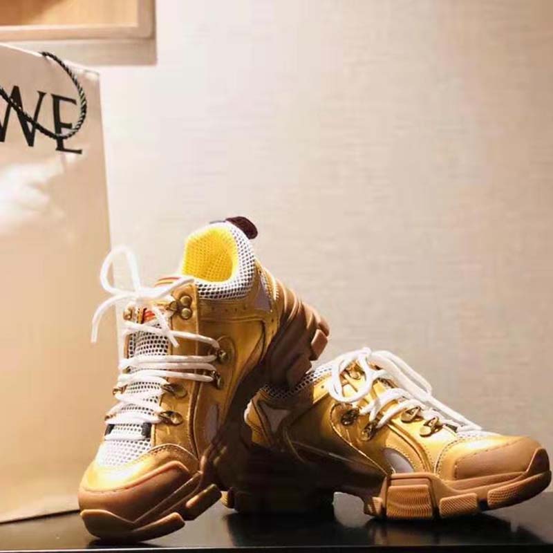 Gucci Unisex Flashtrek Sneaker in Gold Metallic Leather 5.6 cm Heel