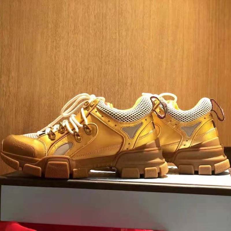 Gucci Unisex Flashtrek Sneaker in Gold Metallic Leather 5.6 cm Heel