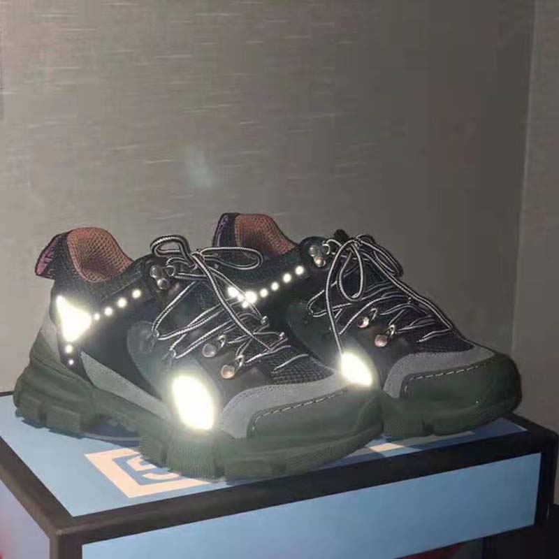 Gucci Unisex Flashtrek Sneaker in Green and Black Leather 5.6 cm Heel
