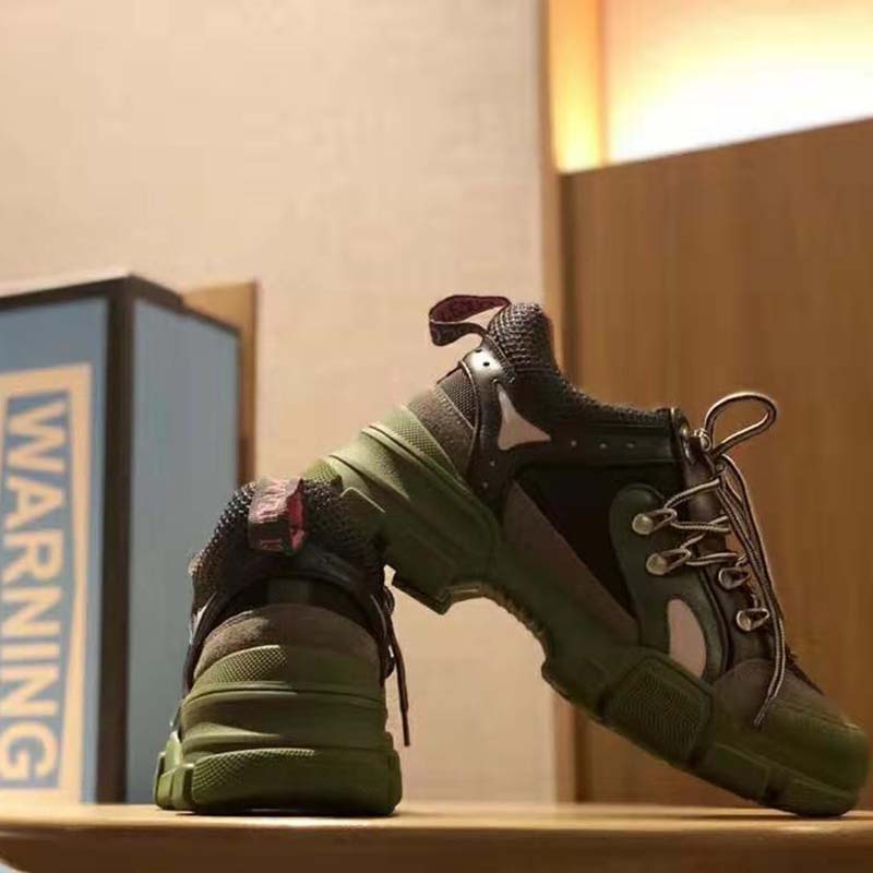 Gucci Unisex Flashtrek Sneaker in Green and Black Leather 5.6 cm Heel