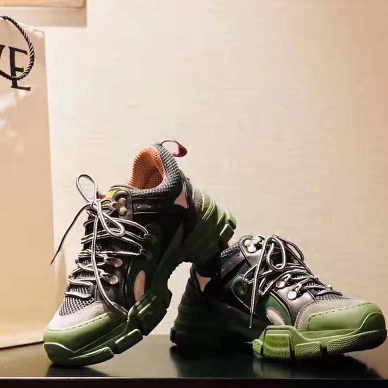 Gucci Unisex Flashtrek Sneaker in Green and Black Leather 5.6 cm Heel
