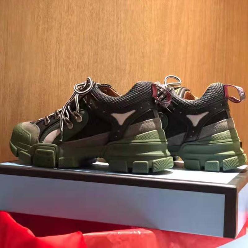 Gucci Unisex Flashtrek Sneaker in Green and Black Leather 5.6 cm Heel