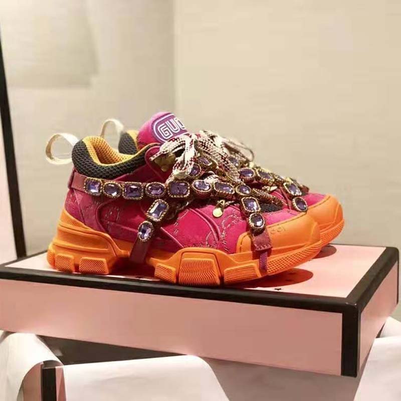 Gucci Unisex Flashtrek Sneaker with Crystals in GG Velvet with Leather 5.6 cm Heel-Pink