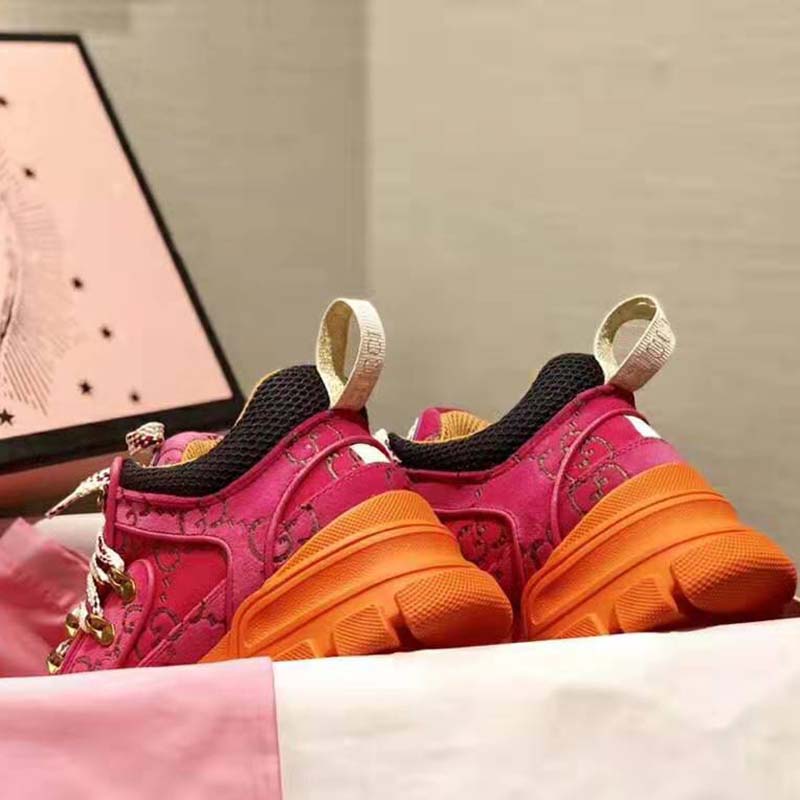 Gucci Unisex Flashtrek Sneaker with Crystals in GG Velvet with Leather 5.6 cm Heel-Pink