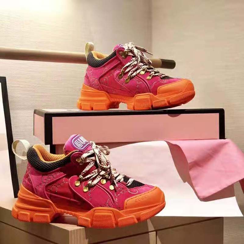 Gucci Unisex Flashtrek Sneaker with Crystals in GG Velvet with Leather 5.6 cm Heel-Pink